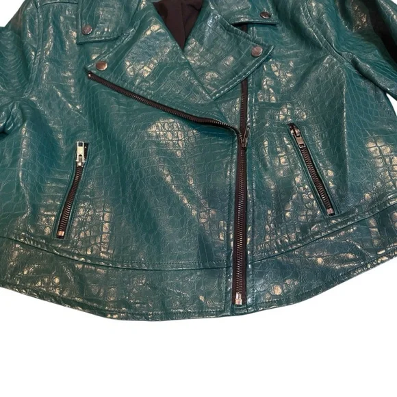 ModCloth Teal Faux Alligator Size L Cropped Moto Biker Zip Up Jacket - Picture 5 of 10